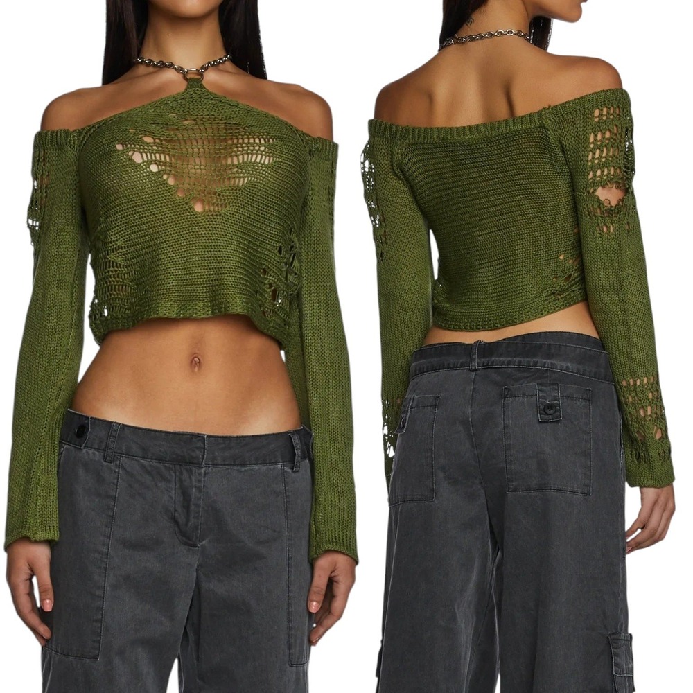 The Ragged Priest Folk Knit Top Womens 6 Green Halter Cold Shoulder Chain NEW